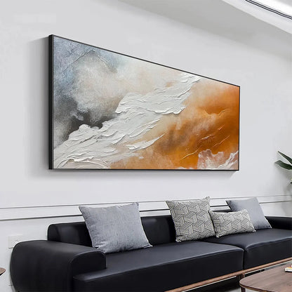 DESERT FLOW: Abstract Landscape Painting in Orange, White, and Grey, Textured Canvas, Modern Wall Art | gold frame stretched on neutral wall