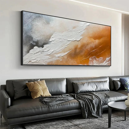 DESERT FLOW: Abstract Landscape Painting in Orange, White, and Grey, Textured Canvas, Modern Wall Art | black frame version on white wall