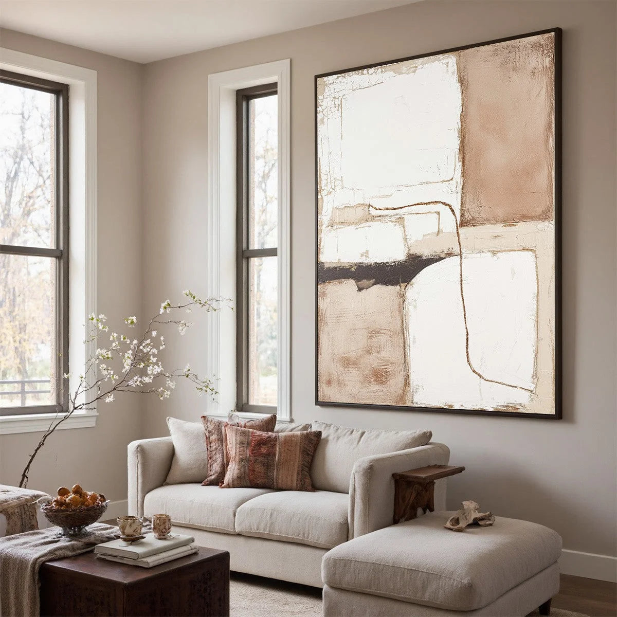 DESERT FLOW: Minimalist Abstract Textured Oil Painting | gold frame stretched on neutral wall
