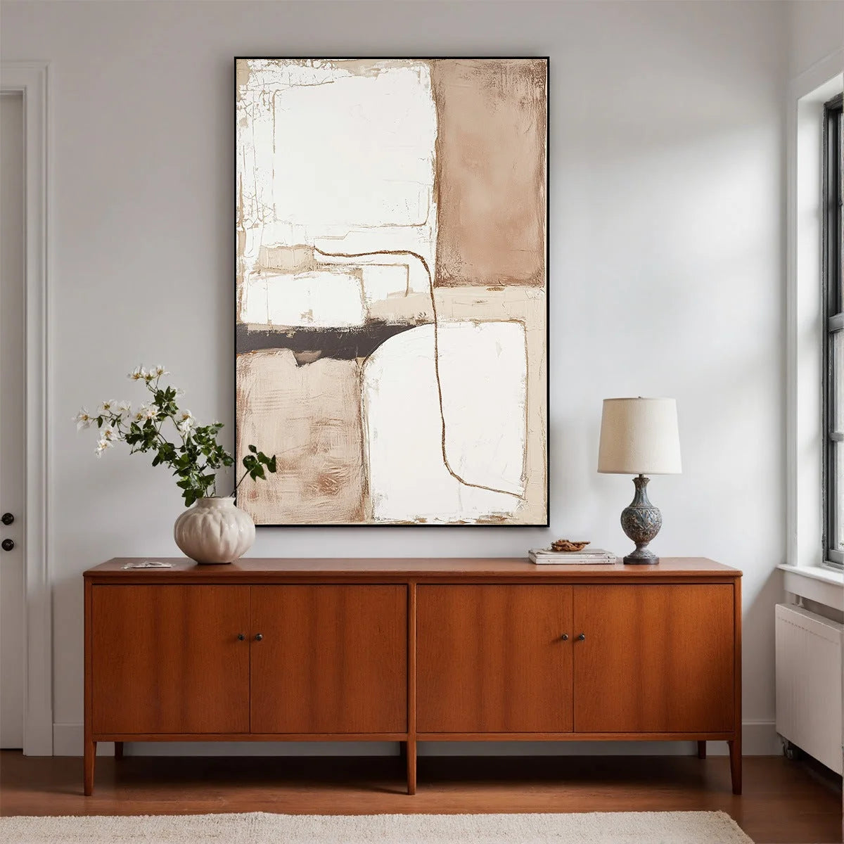 DESERT FLOW: Minimalist Abstract Textured Oil Painting | beige palette, original Hand-painted on premium stretched canvas using artist-grade oils; rich layered surface combines smooth gradients wit...
