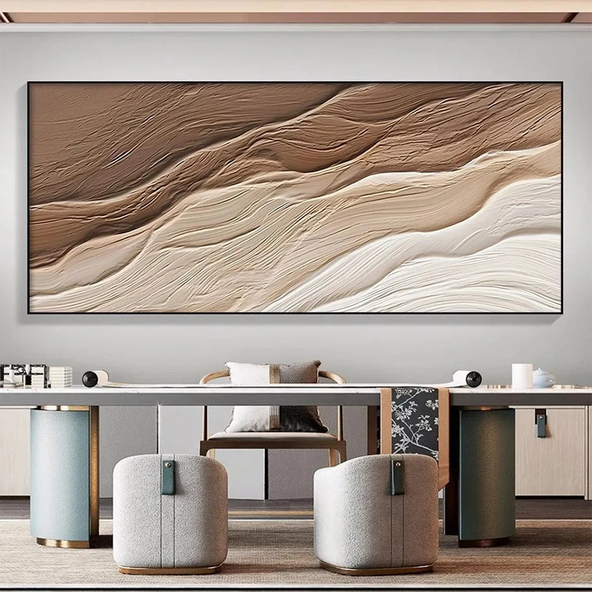 DESERT FLOW: Textured Abstract Landscape Painting in Brown and Beige | Abstract closeup, raised brushwork detail