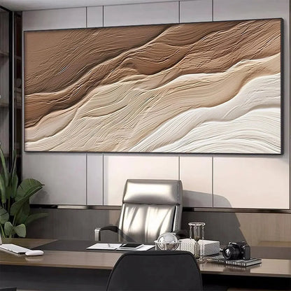 DESERT FLOW: Textured Abstract Landscape Painting in Brown and Beige | gold frame stretched on neutral wall