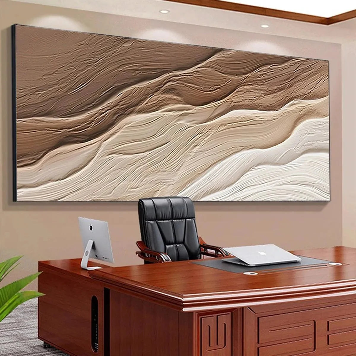 DESERT FLOW: Textured Abstract Landscape Painting in Brown and Beige | black frame version on white wall