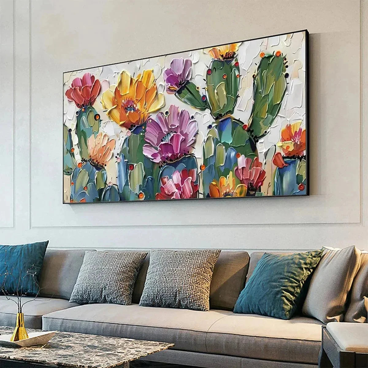 DESERT GARDEN: Textured Cactus Impasto Painting | gold frame stretched on neutral wall