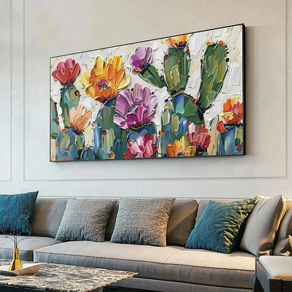 DESERT GARDEN: Textured Cactus Impasto Painting | gold frame stretched on neutral wall