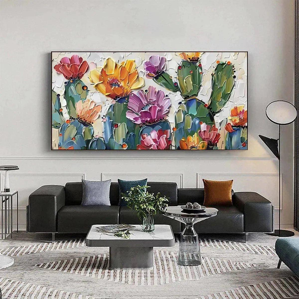 DESERT GARDEN: Textured Cactus Impasto Painting | Abstract mood, soft natural light studio shot