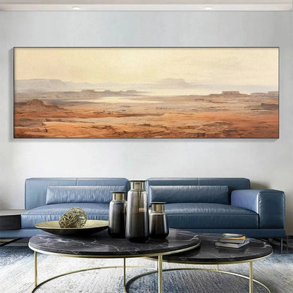 DESERT MIST PANORAMIC: Desert Landscape Painting, Panoramic Wall Art, Minimalist Decor | Landscape closeup, raised brushwork detail