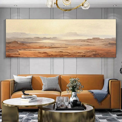 DESERT MIST PANORAMIC: Desert Landscape Painting, Panoramic Wall Art, Minimalist Decor | gold frame stretched on neutral wall