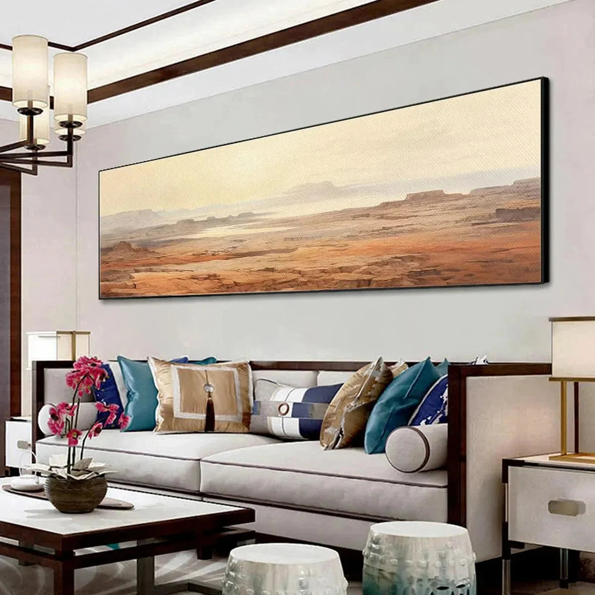 DESERT MIST PANORAMIC: Desert Landscape Painting, Panoramic Wall Art, Minimalist Decor | Landscape mood, soft natural light studio shot