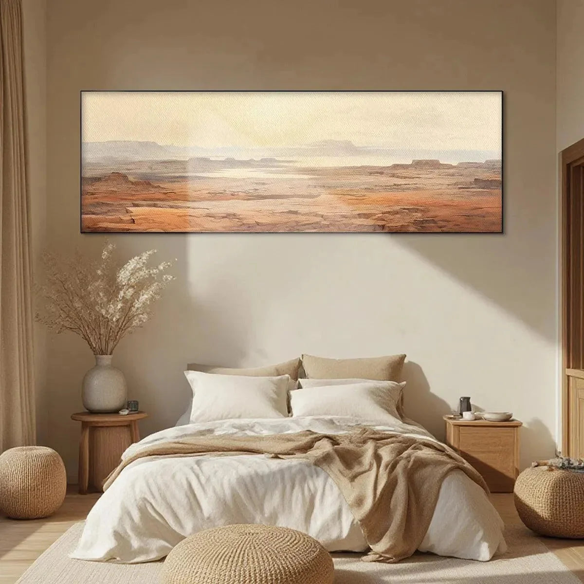DESERT MIST PANORAMIC: Desert Landscape Painting, Panoramic Wall Art, Minimalist Decor | beige palette, original Hand-painted on premium stretched canvas using artist-grade oils; rich layered surfa...