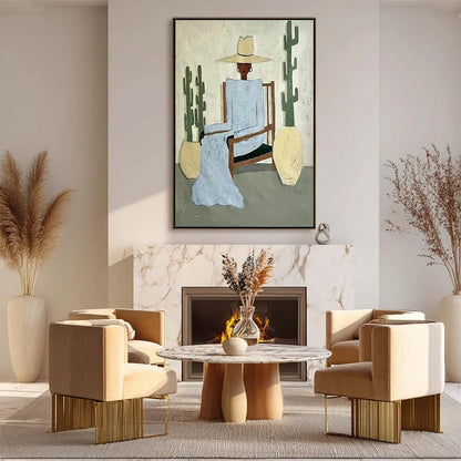 DESERT POISE: Minimalist Figurative Portrait Oil Painting | gold frame stretched on neutral wall