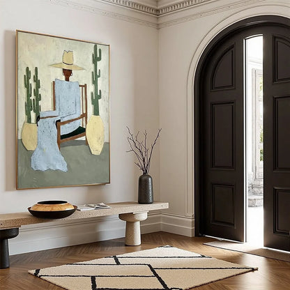 DESERT POISE: Minimalist Figurative Portrait Oil Painting | black frame version on white wall