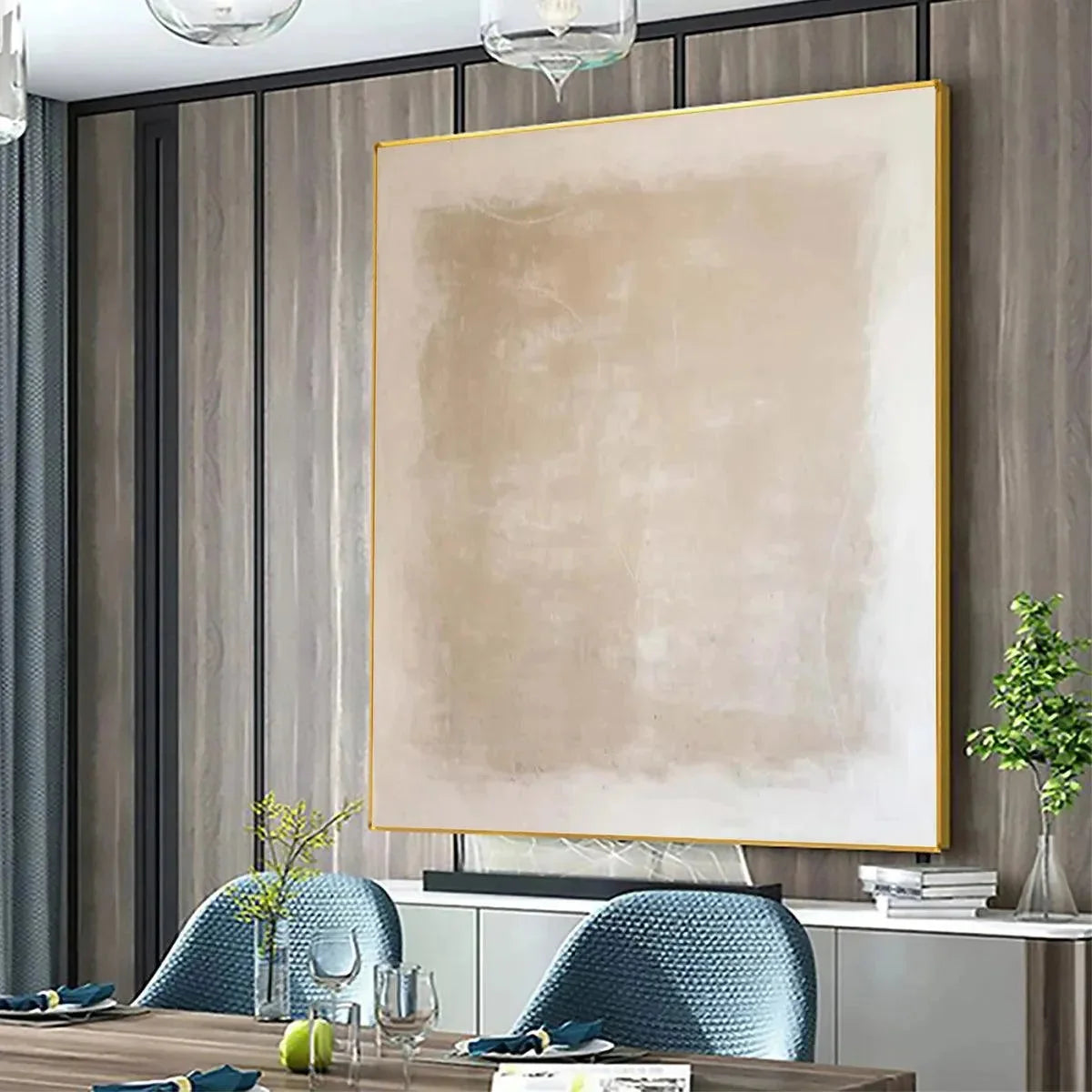 DESERT SANDS: Minimalist Textured Painting in Beige | gold frame stretched on neutral wall