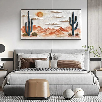 DESERT SUNRISE: Textured Desert Landscape Painting, Impasto Wall Art, Horizontal Canvas, Southwestern Decor | gold frame stretched on neutral wall
