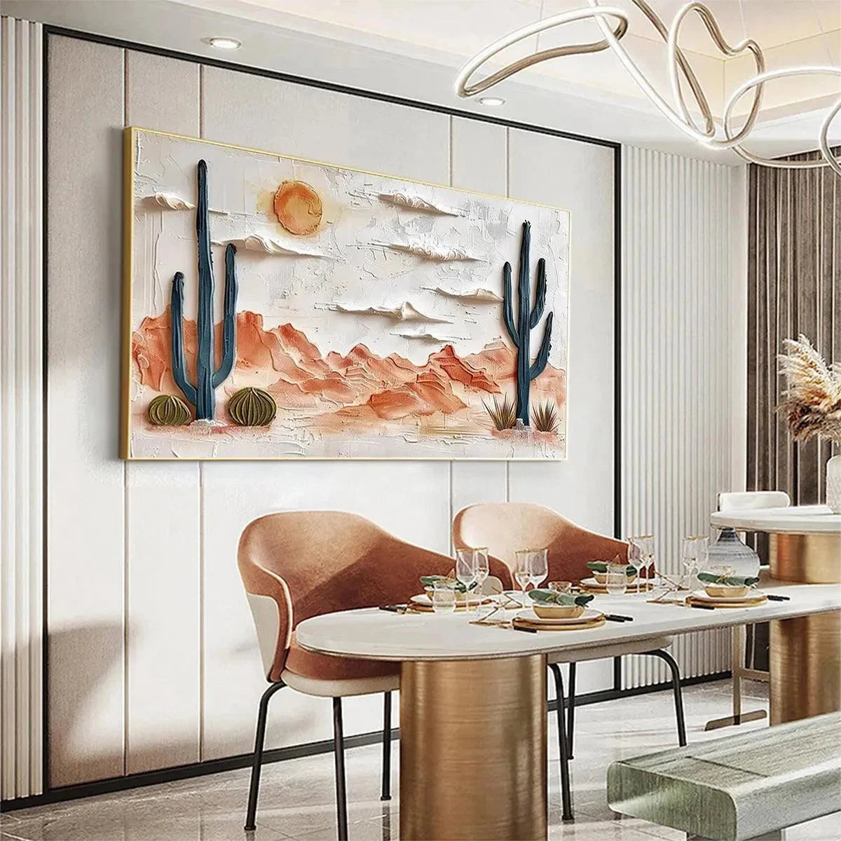 DESERT SUNRISE: Textured Desert Landscape Painting, Impasto Wall Art, Horizontal Canvas, Southwestern Decor | black frame version on white wall