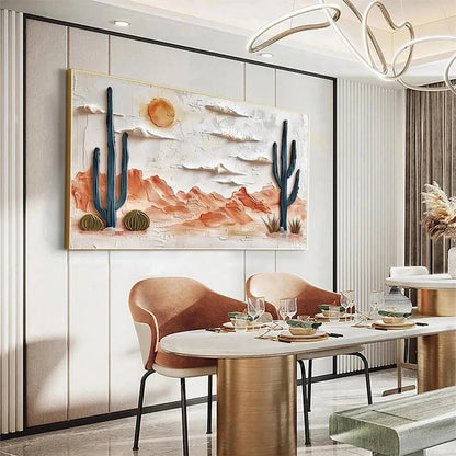 DESERT SUNRISE: Textured Desert Landscape Painting, Impasto Wall Art, Horizontal Canvas, Southwestern Decor | black frame version on white wall