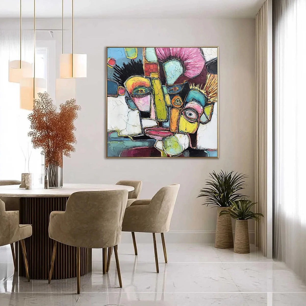 DIALOGUE IN COLOR: Colorful Abstract Impasto Portrait Painting | gold frame stretched on neutral wall