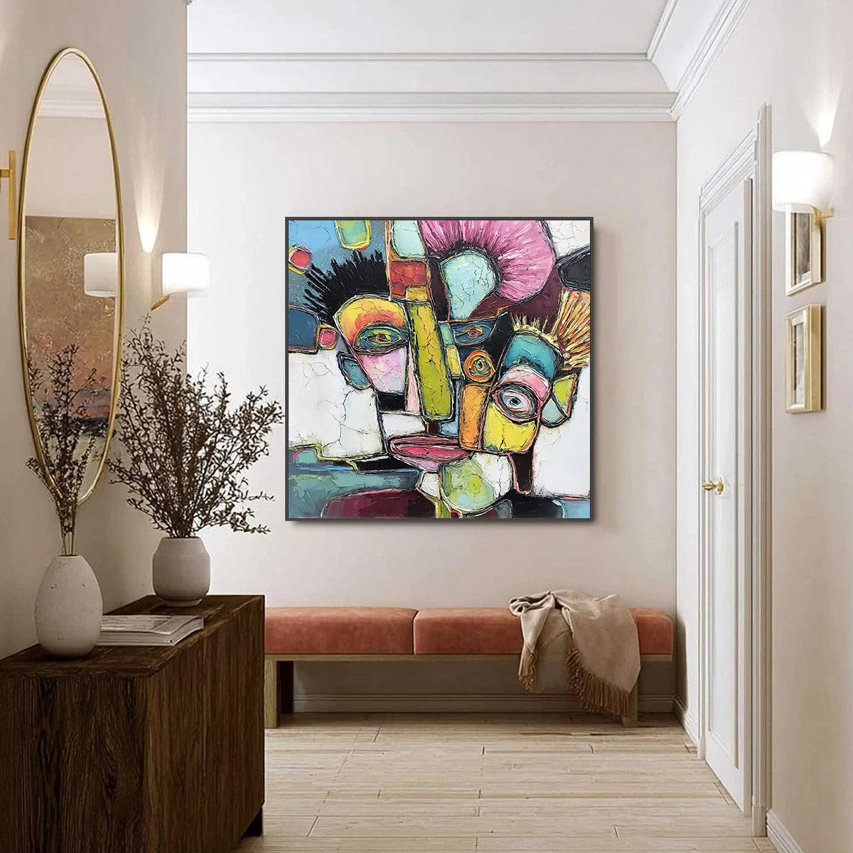DIALOGUE IN COLOR: Colorful Abstract Impasto Portrait Painting | black frame version on white wall