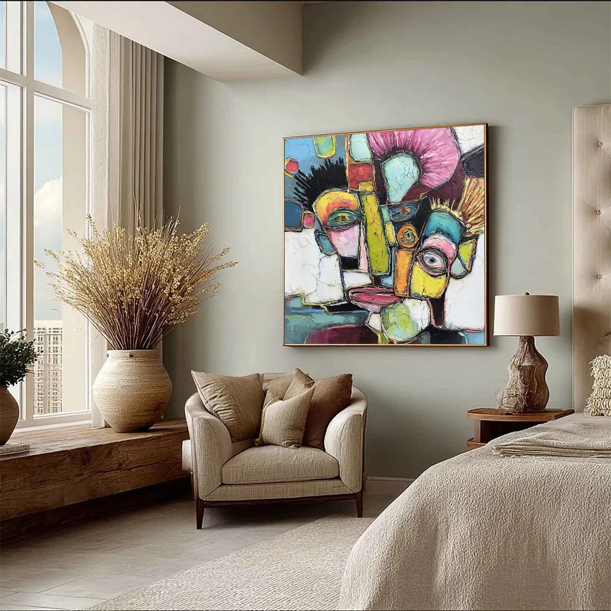 DIALOGUE IN COLOR: Colorful Abstract Impasto Portrait Painting | beige palette, original Hand-painted on premium stretched canvas using artist-grade oils; rich layered surface combines smooth gradi...