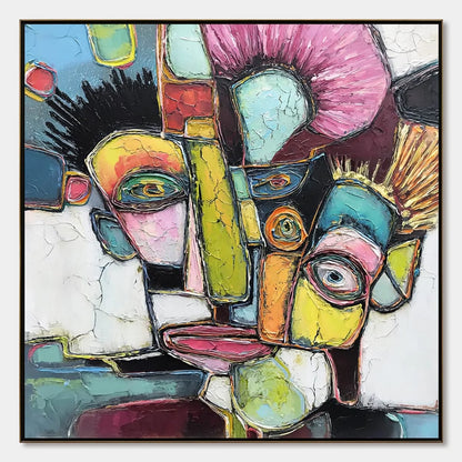DIALOGUE IN COLOR: Colorful Abstract Impasto Portrait Painting | hanging in DIALOGUE IN COLOR: Colorful Abstract Impasto Portrait Painting featuring layered textured brushwork in refined tones; fig...