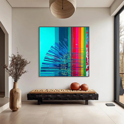 DIGITAL DAWN: Vibrant Abstract Modern Oil Painting | gold frame stretched on neutral wall