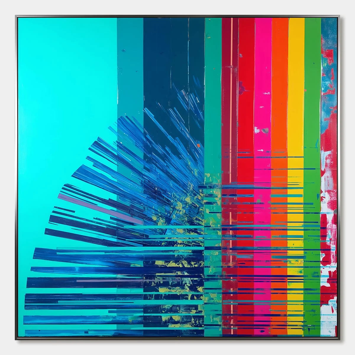 DIGITAL DAWN: Vibrant Abstract Modern Oil Painting | hanging in DIGITAL DAWN: Vibrant Abstract Modern Oil Painting featuring layered textured brushwork in refined tones; abstract composition with r...