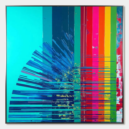 DIGITAL DAWN: Vibrant Abstract Modern Oil Painting | hanging in DIGITAL DAWN: Vibrant Abstract Modern Oil Painting featuring layered textured brushwork in refined tones; abstract composition with r...