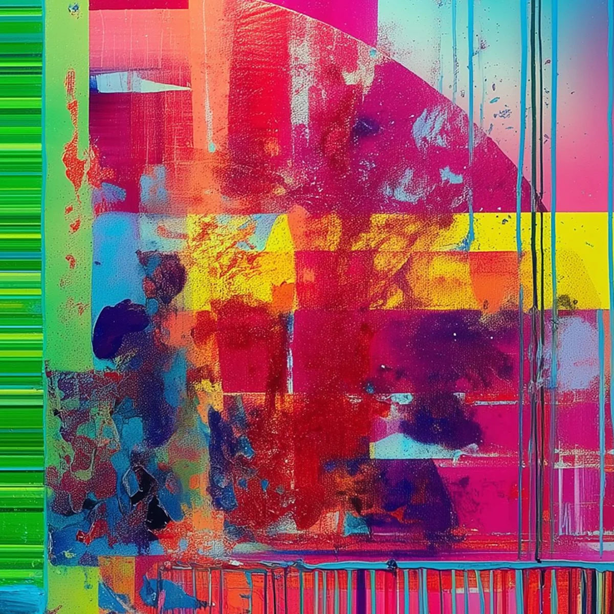 ELECTRIC ECHO: Vibrant Abstract Modern Oil Painting | gold frame stretched on neutral wall