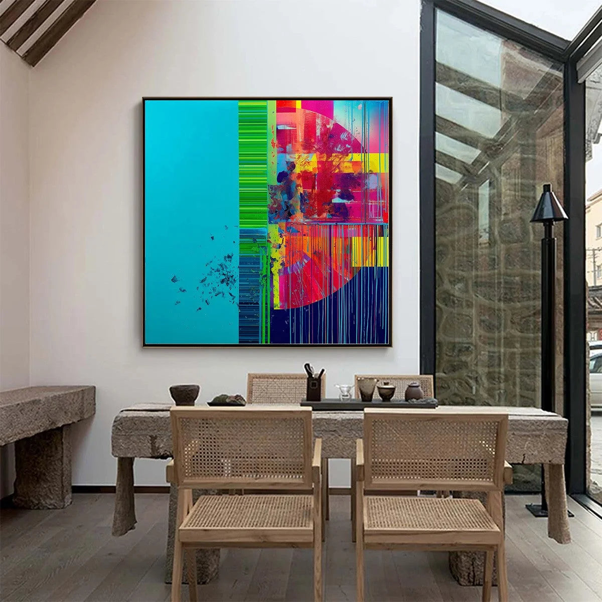 ELECTRIC ECHO: Vibrant Abstract Modern Oil Painting | black frame version on white wall
