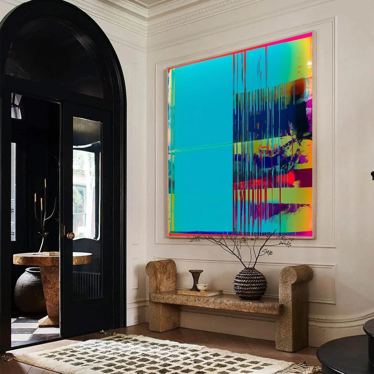 DIGITAL INTERRUPTION: Vibrant Abstract Glitch Art Oil Painting | rectangular format, hand-painted canvas edge