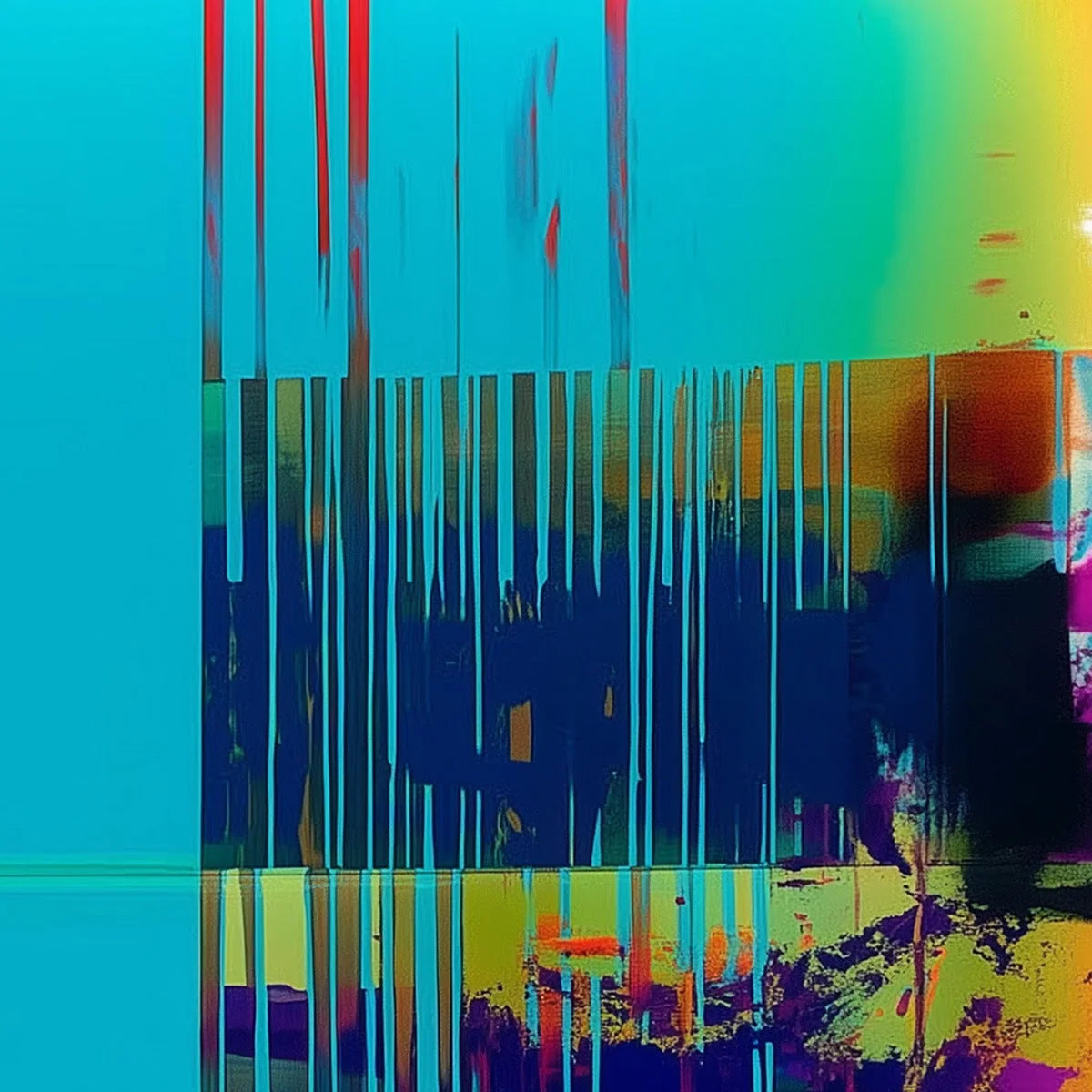 DIGITAL INTERRUPTION: Vibrant Abstract Glitch Art Oil Painting | gold frame stretched on neutral wall