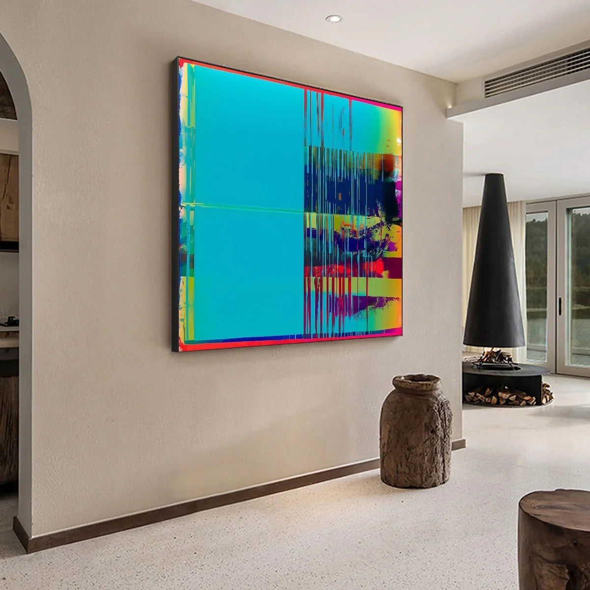 DIGITAL INTERRUPTION: Vibrant Abstract Glitch Art Oil Painting | black frame version on white wall
