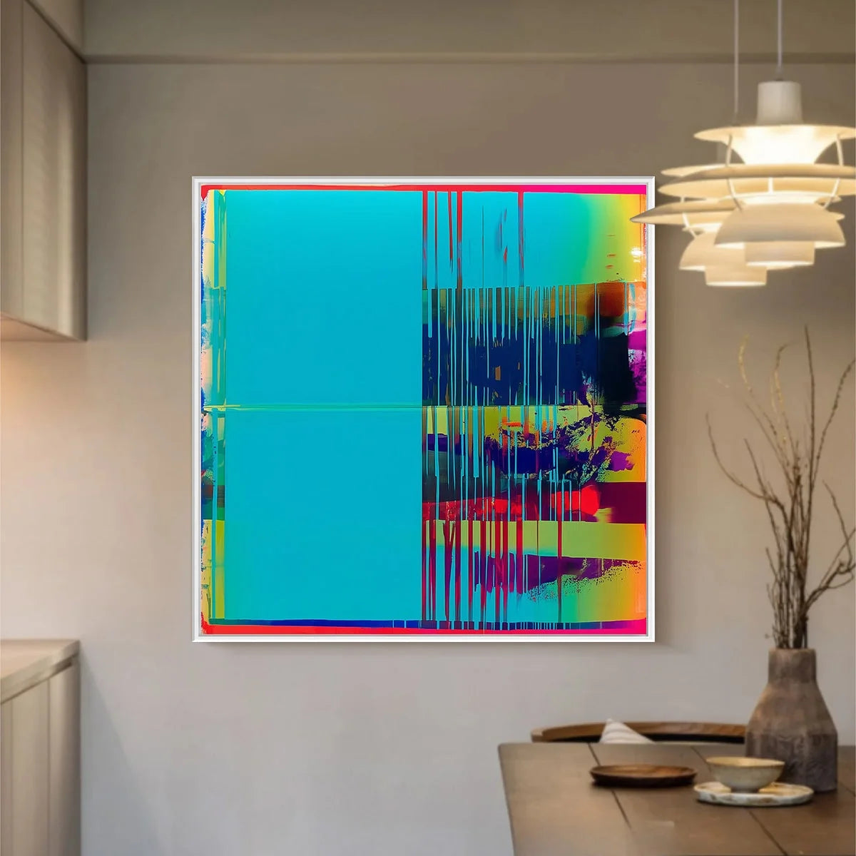 DIGITAL INTERRUPTION: Vibrant Abstract Glitch Art Oil Painting | beige palette, original Hand-painted on premium stretched canvas using artist-grade oils; rich layered surface combines smooth gradi...