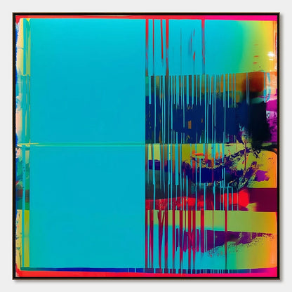 DIGITAL INTERRUPTION: Vibrant Abstract Glitch Art Oil Painting | hanging in DIGITAL INTERRUPTION: Vibrant Abstract Glitch Art Oil Painting featuring layered textured brushwork in refined tones; abs...