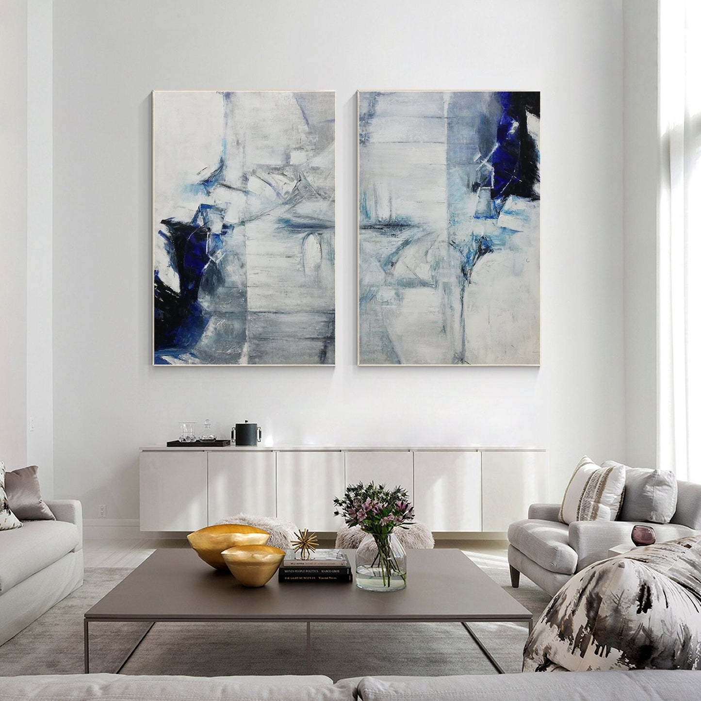 Diptych Wall Art  Navy Blue Abstract Painting on Canvas, Vertical Wall Art Livin #2