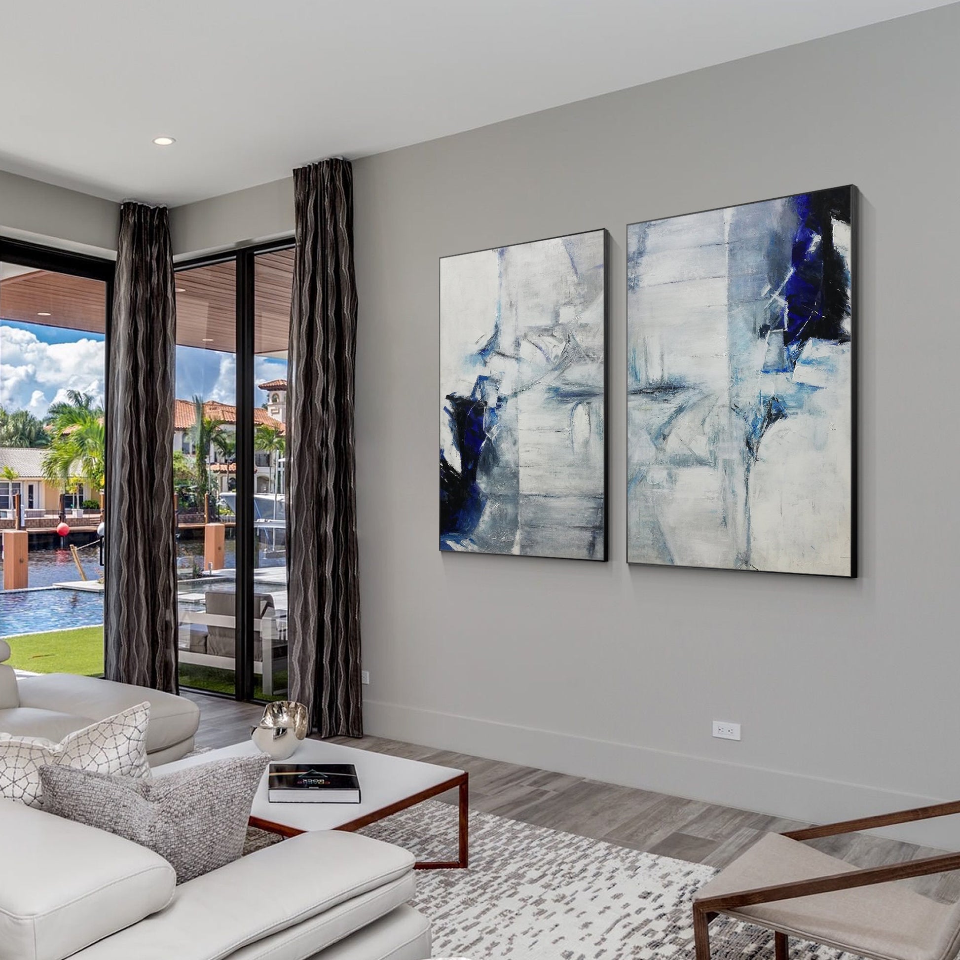 Diptych Wall Art  Navy Blue Abstract Painting on Canvas, Vertical Wall Art Livin #4
