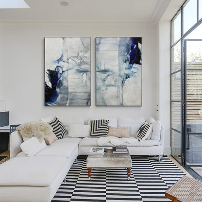 Diptych Wall Art  Navy Blue Abstract Painting on Canvas, Vertical Wall Art Livin #5