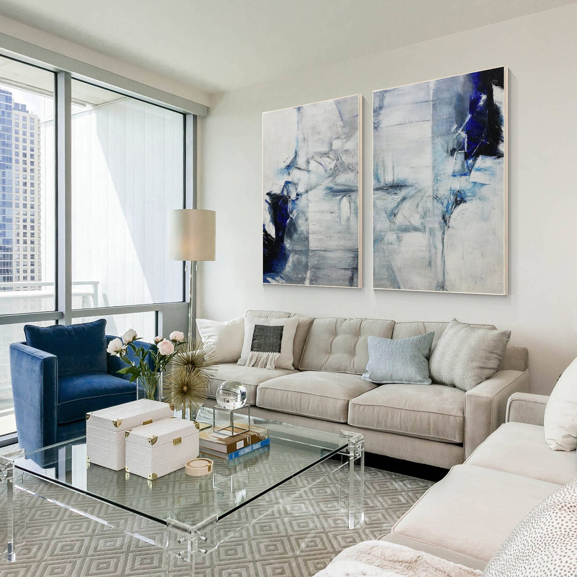 Diptych Wall Art  Navy Blue Abstract Painting on Canvas, Vertical Wall Art Livin #1