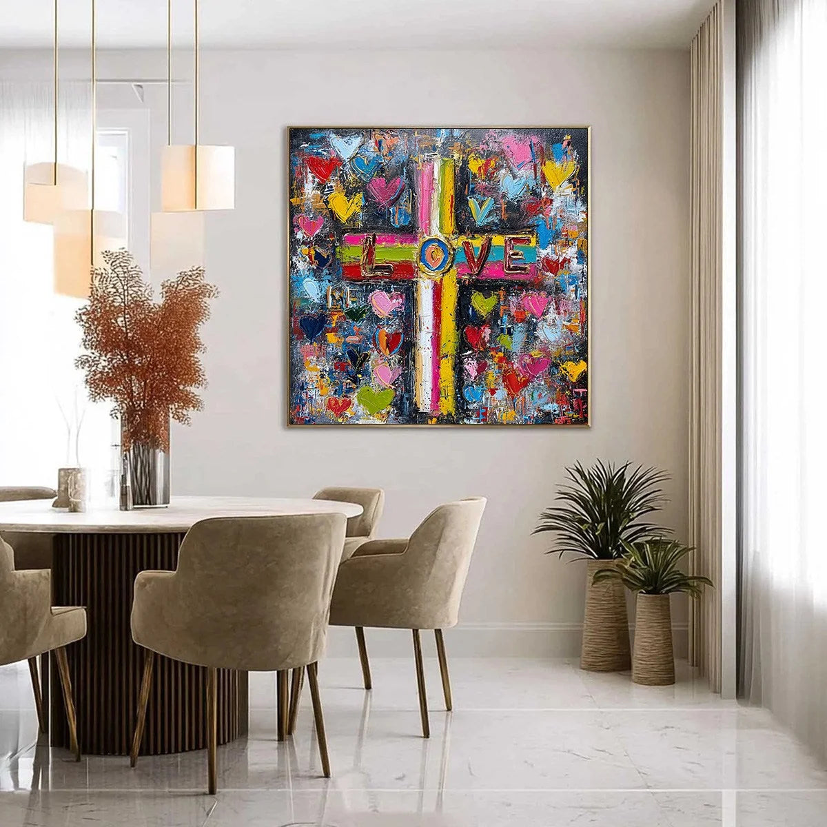 DIVINE EMBRACE: Colorful Textured Abstract Painting of Love and Faith | gold frame stretched on neutral wall
