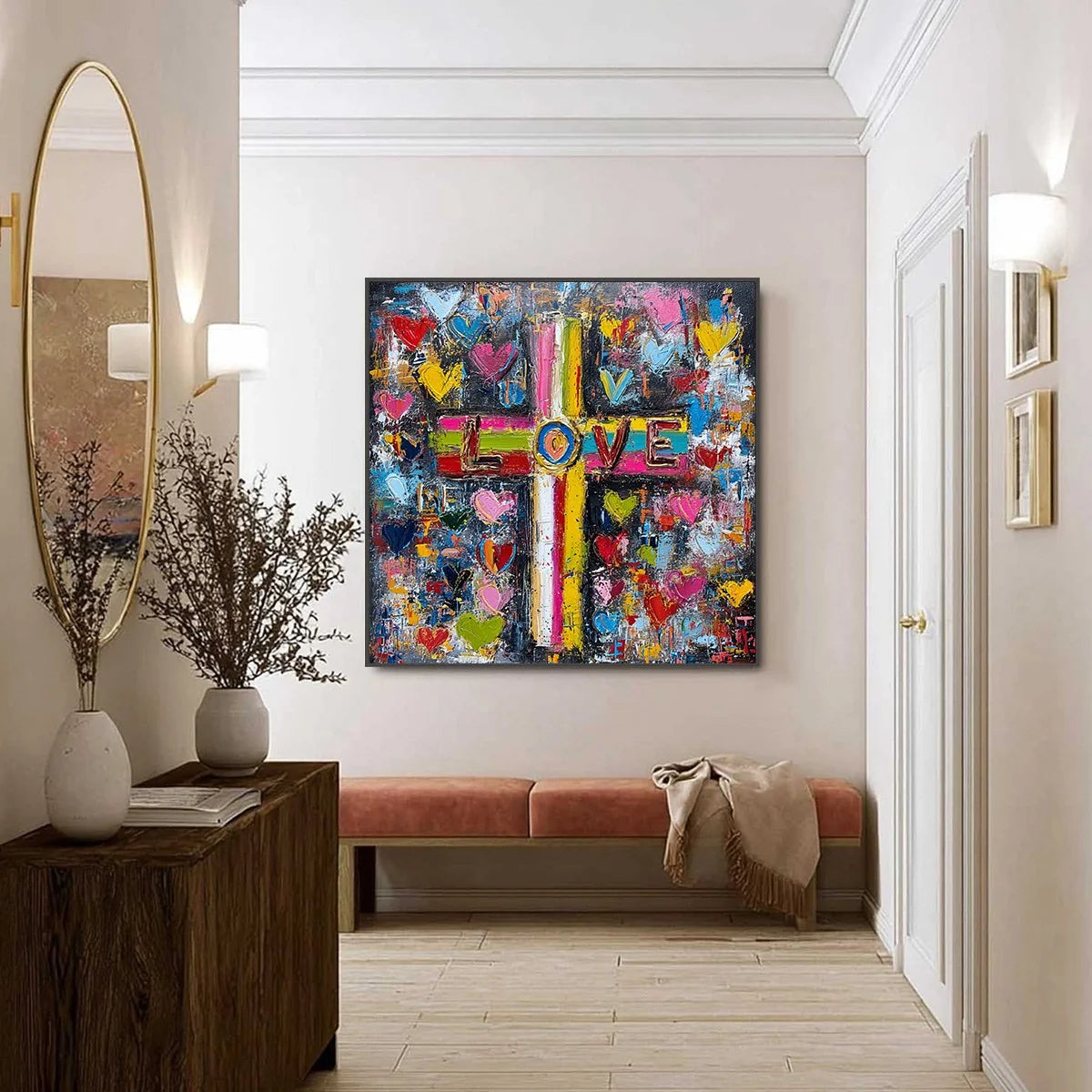 DIVINE EMBRACE: Colorful Textured Abstract Painting of Love and Faith | black frame version on white wall