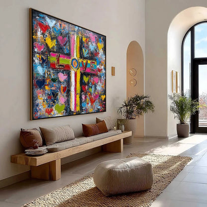 DIVINE EMBRACE: Colorful Textured Abstract Painting of Love and Faith | Abstract mood, soft natural light studio shot