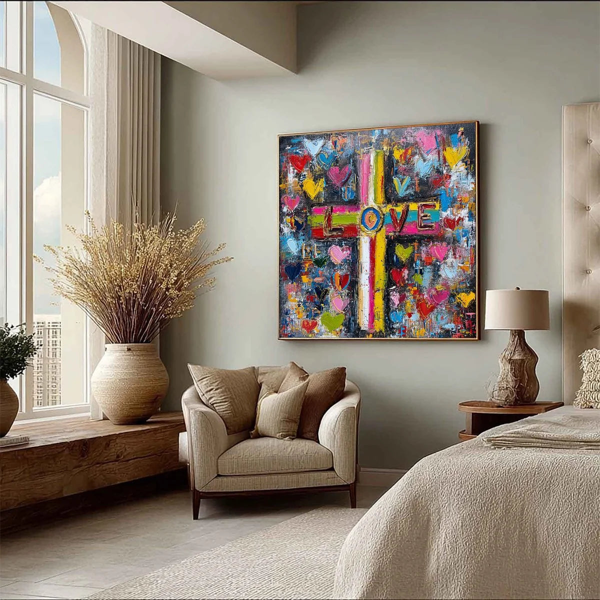 DIVINE EMBRACE: Colorful Textured Abstract Painting of Love and Faith | beige palette, original Hand-painted on premium stretched canvas using artist-grade oils; rich layered surface combines smoot...