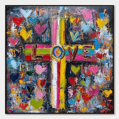 DIVINE EMBRACE: Colorful Textured Abstract Painting of Love and Faith | hanging in DIVINE EMBRACE: Colorful Textured Abstract Painting of Love and Faith featuring layered textured brushwork in refi...
