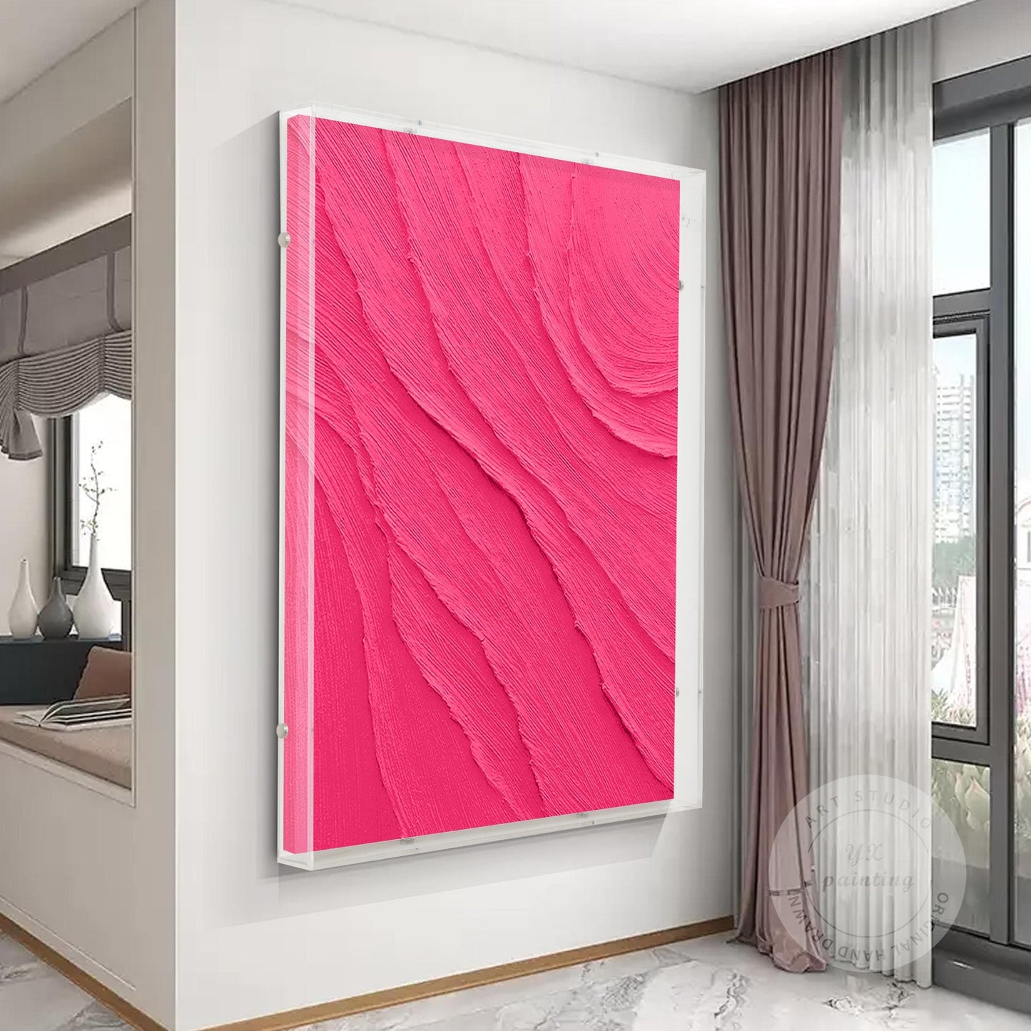 Dopamine Pink 3D Textured Wall Art, Minimalist Acrylic Shadow Box Canvas Paintin #3