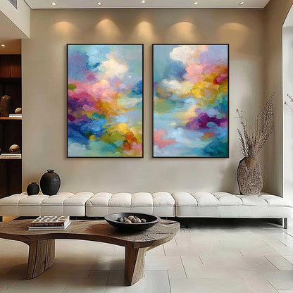 DREAMSCAPE MELODY: Colorful Abstract Cloudscape Painting Set of 2 | gold frame stretched on neutral wall