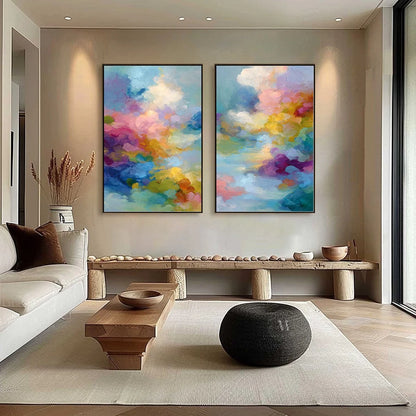 DREAMSCAPE MELODY: Colorful Abstract Cloudscape Painting Set of 2 | black frame version on white wall