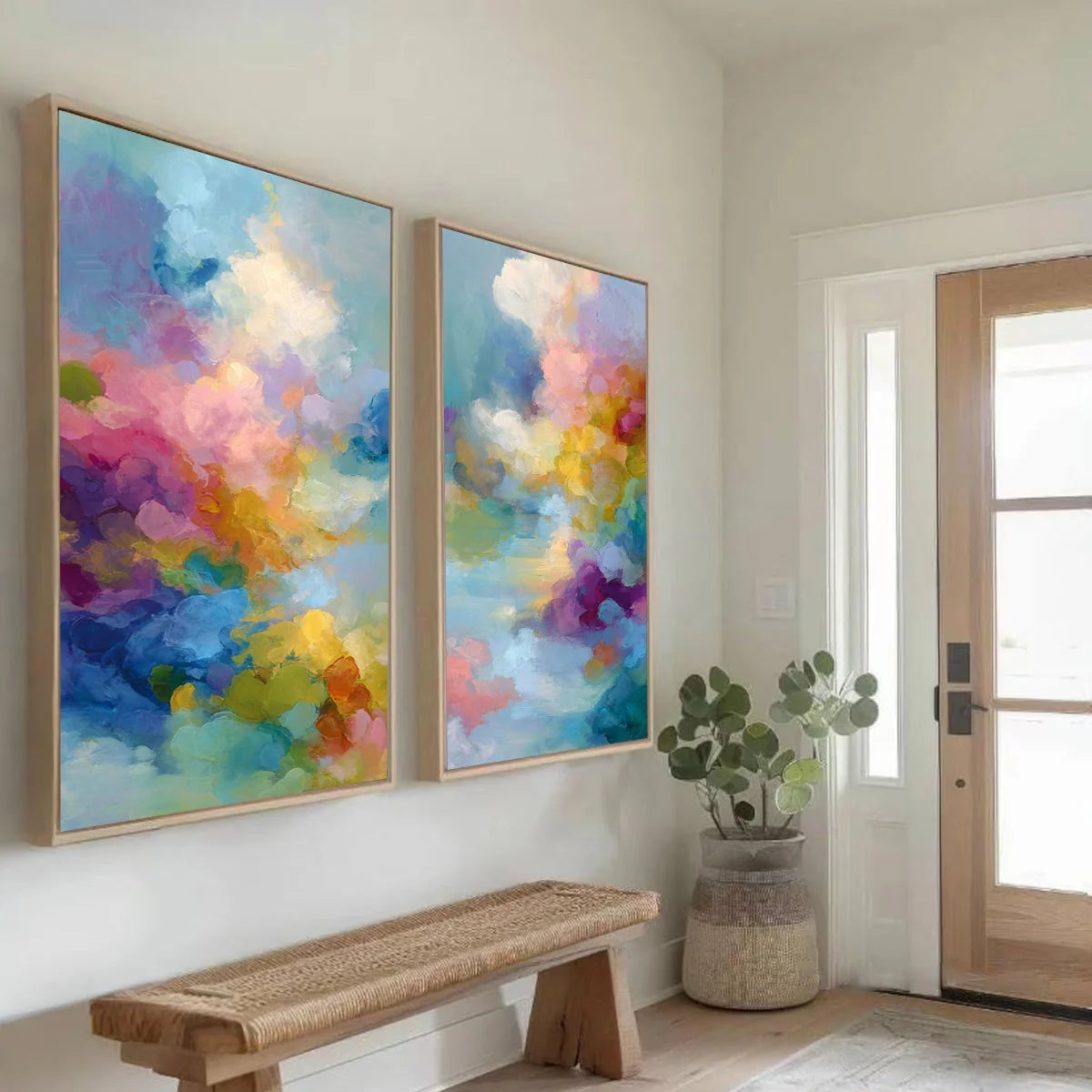 DREAMSCAPE MELODY: Colorful Abstract Cloudscape Painting Set of 2 | Abstract mood, soft natural light studio shot