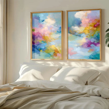 DREAMSCAPE MELODY: Colorful Abstract Cloudscape Painting Set of 2 | beige palette, original Hand-painted on premium stretched canvas using artist-grade oils; rich layered surface combines smooth gr...