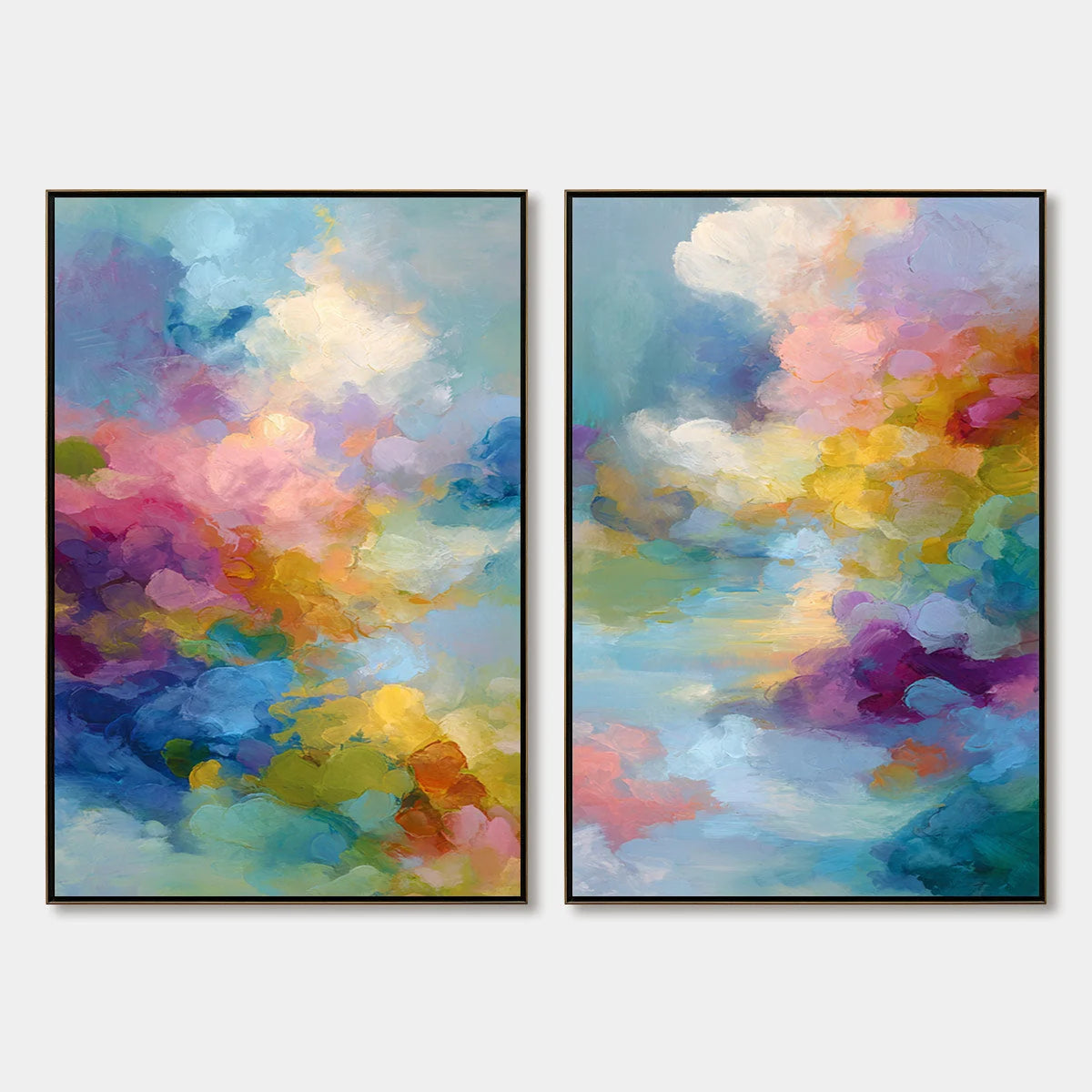 DREAMSCAPE MELODY: Colorful Abstract Cloudscape Painting Set of 2 | hanging in DREAMSCAPE MELODY: Colorful Abstract Cloudscape Painting Set of 2 featuring layered textured brushwork in refined tone...