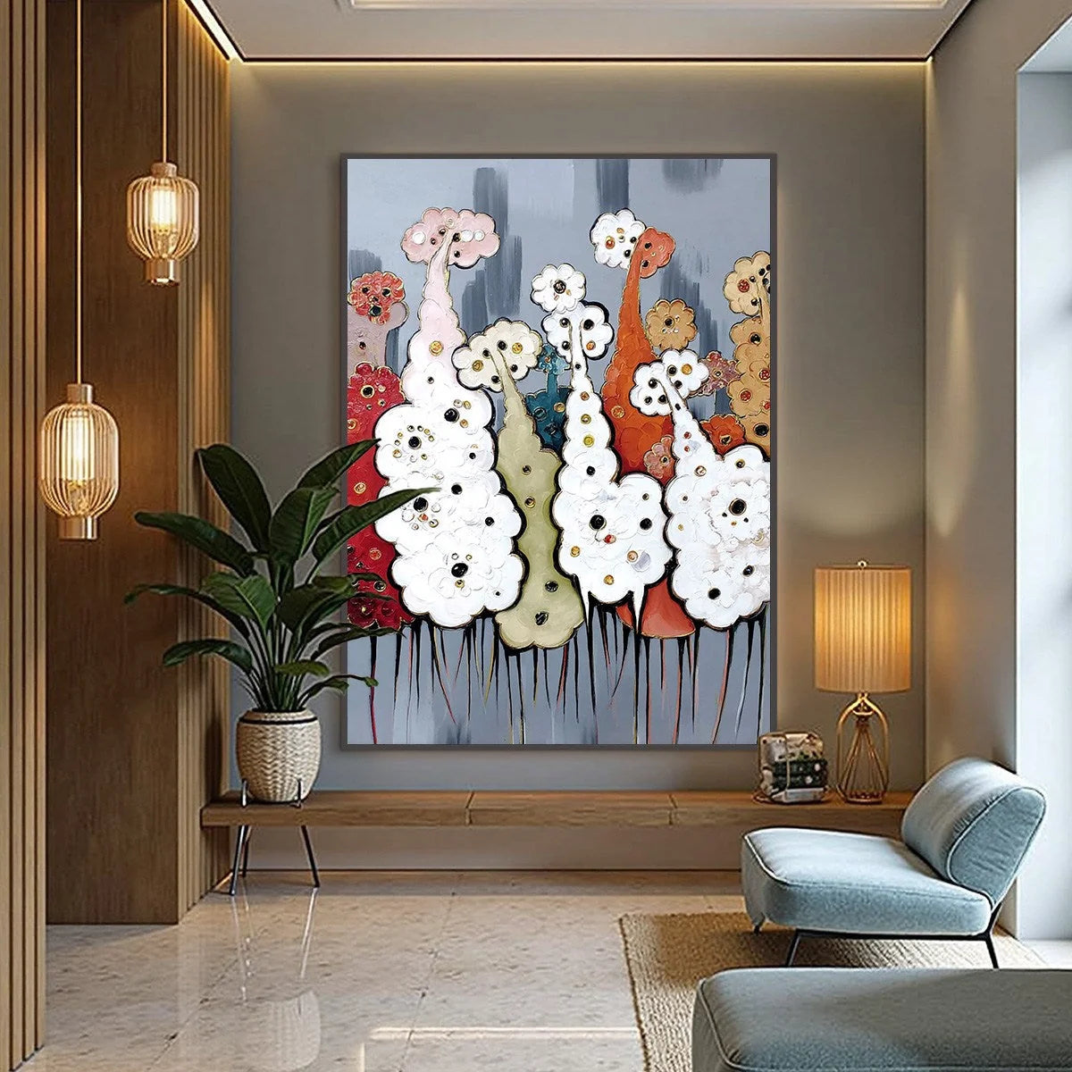 DREAMWOOD GROVE: Whimsical Abstract Forest Textured Impasto Painting | gold frame stretched on neutral wall